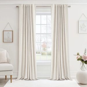 Cream Linen Blackout Curtains 86” Length 2 Panel Set Back Tab Thermal Insulated